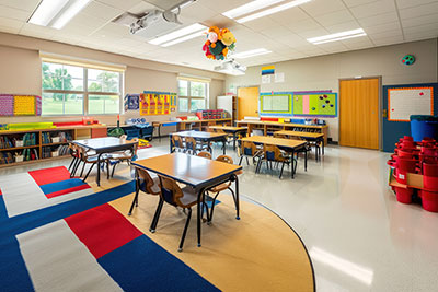 Picture of a brand new clean classroom with desks and area rugs